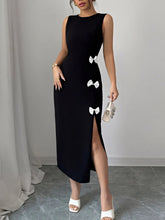 Bow Slit Round Neck Sleeveless Dress Black OutfitFlow